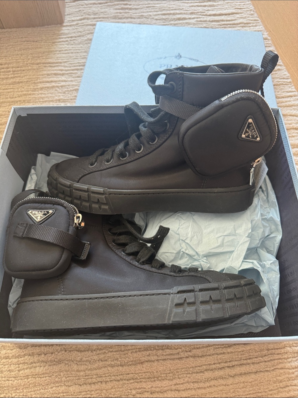 Prada women’s Black High-Top Nylon Sneakers with Detachable Pouch